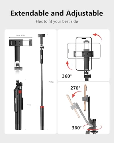 Aureday 72" Phone Tripod and Selfie Stick, Cell Phone Tripod Stand with Wireless Remote & Extendable Phone Mount for Travel/Selfie/Recording/Vlogging, Compatible with iPhone/Android/Camera - image 4