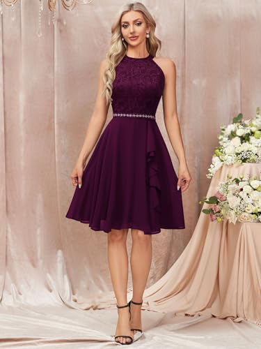 Image of Miusol Women's Halter Neck Lace Ruffle Vintage Cocktail Party A-Line Bridesmaid Dress