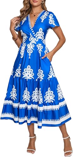 Image of Floral Print Dress for Women Boho Long Dresses Flowy A line Dresses Fit for Office and Casual Vacation Cocktail Party Prom