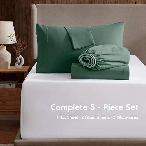 Image of Nestl Split King Bed Sheet Set - Dark Green - 5-Piece Deep Pocket | Instantly Soft, Night-One Ready (No Wash Required). Fits 16-Inch Deep Pockets, 360-Degree Elastic Grip