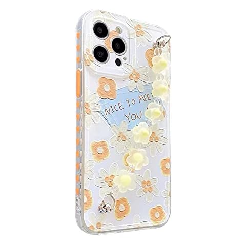 Phone Case Compatible with iPhone 12 Case 3D Yellow Flower Soft TPU Back Cover with Floral Chain Bracelet Strap Fresh Lovely Protective Shockproof for Girls Women Girlfriend Cover