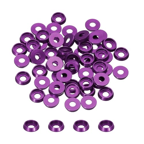 Image of sourcing map M3 Cone Cup Countersunk Washers,Hole Dia 3mm/0.12" Aluminum Gaskets Cup Head Washer Gasket for Screw RC/FPV/PC/Drone/Mechanical Accessories Model Parts,Pack of 60(Purple)