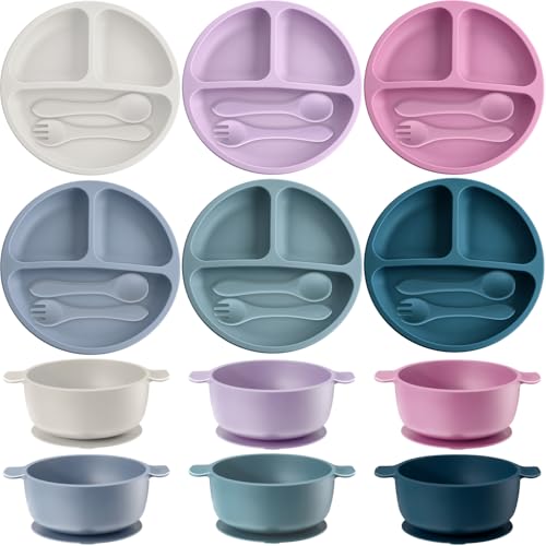 Image of Dandat 24 Pcs Silicone Baby Feeding Set,6 Baby Toddler Suction Bowls 6 Divided Suction Plates with 6 Forks 6 Spoons, Utensils Set for Weaning Infant Feeding and Eating, 6 Styles (Elegant Color)