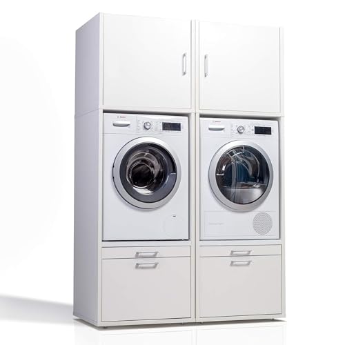 2 x Waschmaschinenschrank - Der Waschturm - Doppelschrank mit Ausziehbrett und Aufsatzschrank - TÜV zertifiziert - Stabil - Höhenverstellbar - 146 cm x 67 cm x 65 cm - Mit Schrankaufsatz 61 cm