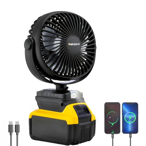 MekiPow Cordless Jobsite Fan Fit for Dewalt 20V, Battery Powered Portable Fan with Brushless Motor, Work, 2 Speeds, USB Charging, for Outdoor, Camping, Workshops, Office, Home, Desks, RVs(TOOL ONLY)