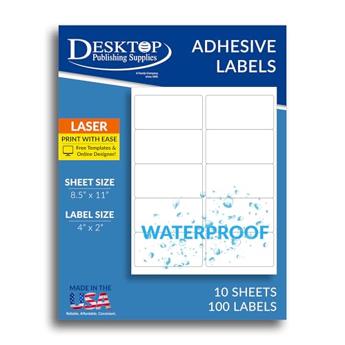 100 Printable Waterproof Labels - 4" x 2" - 10 Sheets (10 Per Page) - Blank Polyester Weatherproof Shipping/Bottle Labels for Laser Printers