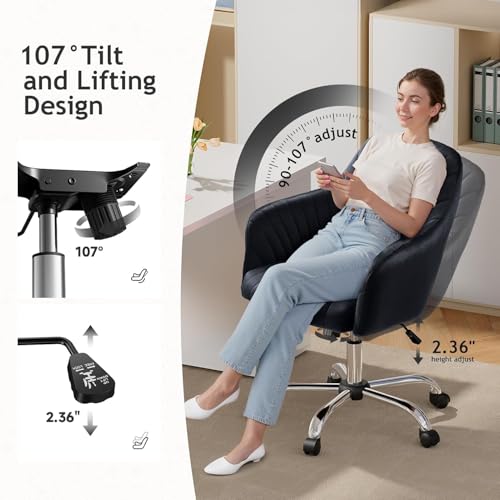 Image of AZAKEE Velvet Office Chair with Wheels & Armrests - Mid-Back Swivel Desk Chair for Home Office, Study, Bedroom & Vanity - Adjustable Height, Comfortable & Stylish (Black)