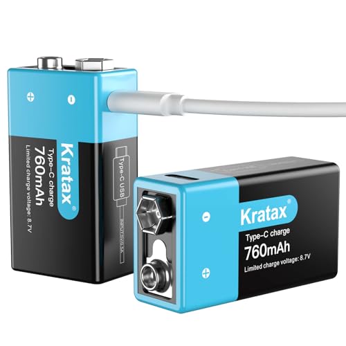 Kratax USB Rechargeable 9v Lithium Batteries 2 Pack 760mAh 9 Volt Li-i