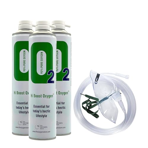 The Oxygen Store Hi Boost Portable Oxygen Cans Pure Breathing Oxygen with Mask Tube Made in the UK 3 Pack 10L Cans Total 30L Capacity 0.5 Kilograms