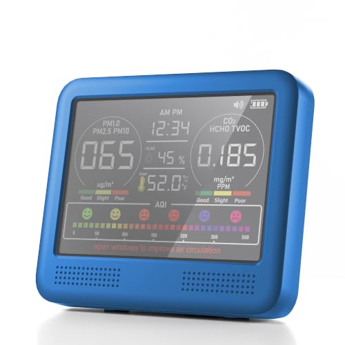 Image of 16-in-1 Indoor Air Quality Monitor with PM1.0,PM2.5,PM10,CO2,HCHO,TVOC,Temperature,Humidity,Time Display &7 AQI Alarms - Professional Air Quality Tester for Home, Office & Indoor Use (Lake Blue)