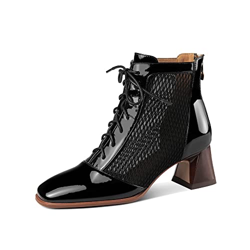 TinaCus Women's Square Toe Patent Leather & Mesh Handmade Selftie with Zipper Mid Chunky Heels Stylish Ankle Boots