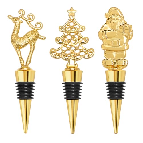 Vspek Wine Stopper Christmas, 3 Pieces Gold Bottle Stopper Wine Bottle Stopper for Wine Collection Wine/Champagne Santa Claus/Reindeer/Christmas Tree Decoration