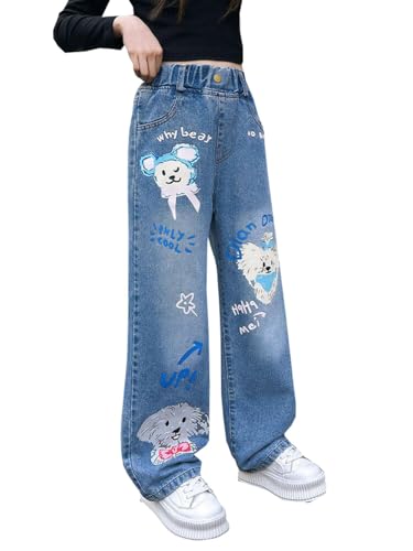Girls Cute Cartoon Dog Print Jeans Elastic Waist Long Denim Pants Straight Pants Kids Jeans Trousers4