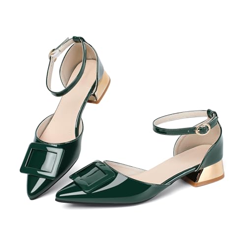 Women's Pumps Shoes Pointed Toe Low Heels Ankle Strap Closed Toe Wedding Party Dress Pumps Green Size 9