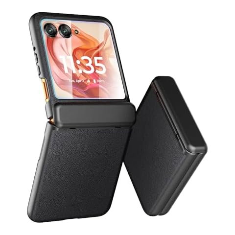 Cresee Case for Motorola Razr 2024 (Not Fit Razr+) with Built-in External Screen Protector & Hinge Protection, Slim Cover + PU Leather Back Protective Phone Case for Moto Razr 2024 - Black Cover
