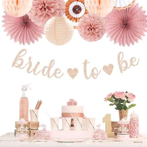 Image of Blush-Pink Rose-Gold Bridal-Shower Party Decorations - 21pcs Bride to Be Sign Banner,Bachelorette Paper Lanterns Honeycomb,Wedding Streamers Garland,Fall Tissue Pom Poms Fans Decor Supplies Burgleda