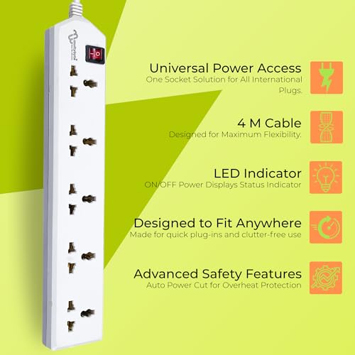 Image of MULTYBYTE 5 Socket 1 Switch Power Saving Outlet Extension Board, High Speed, Fast Charging- Power Strip, Surge Protector, 4M Cable Shockproof Fire-Retardant, Multipurpose Use Spike for Home & Office