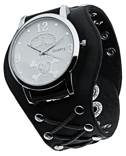 GOGARAMA Montre Punk Crâne de Noël Quartz pour Homme et Femme, Bracelet Cuir avec Chiffres et Bouton, Cadeau Anniversaire/Noël/Halloween (Noir-Blanc)