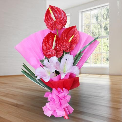 Glaring Red Anthurium n Pink Lilies For Anniversary Gift, Birthday Gift, Wedding Gift, Congratulations Gift, Mother's Day Gift (Same Day Delivery)-image-47