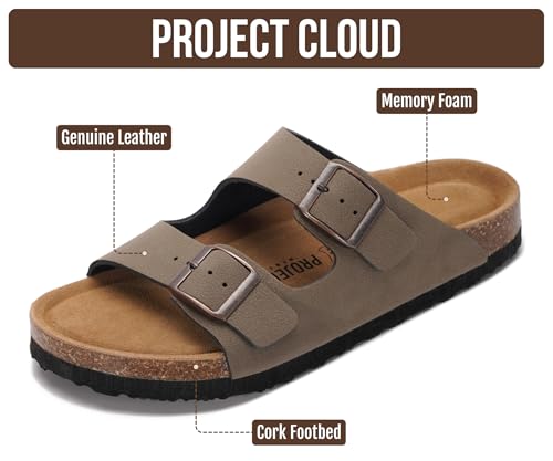 Image of Project Cloud 100% Genuine Leather Flat Sandals For Women 2026 Cork Footbed Womens Sandals with Memory Foam and arch support Vacation Essentials Slides for Women Footwear (Venita)