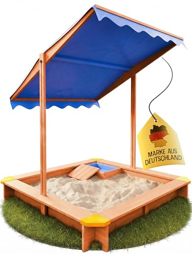 FRIEDO - Sandkasten mit Dach (UV80+) & Matschküche 120x120 cm - Sandkiste inklusive Bodenvlies gegen Unkraut und Ungeziefer - Sandkasten mit Abdeckung aus Holz für Kinder - Outdoor und Garten geeignet