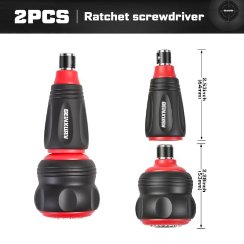 Image of Geinxurn 2-Piece 2-in-1 Detachable Ratchet Screwdriver Handles, Stubby & Mini Ratcheting Screwdriver Handles, Reversible Left /Right Lock, 1 /4 inch Hex Bit Compatible, for DIY & Outdoor Repair