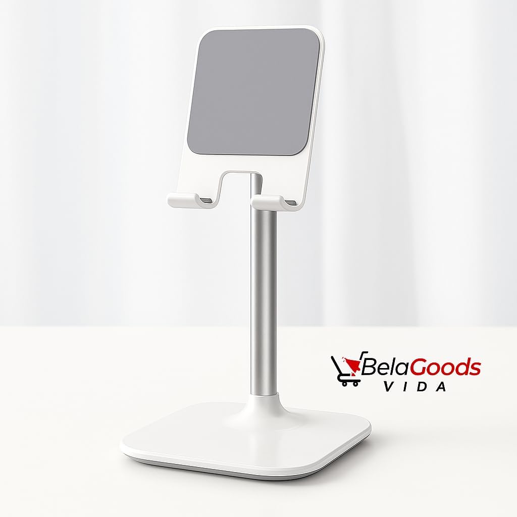 BelaGoods Cell Phone Stand Holder, Tablet Stand – Height & Angle Adjustable Desk Holder with Weighted Base, Anti‑Slip Pads & Charging Slot, Fits 4"–12" iPhone/iPad/Android Devices (White)