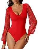 Avidlove Womens Bodysuit Tops Lace Long Sleeve Tops One Piece Leotard Bodysuit Shirt Red S
