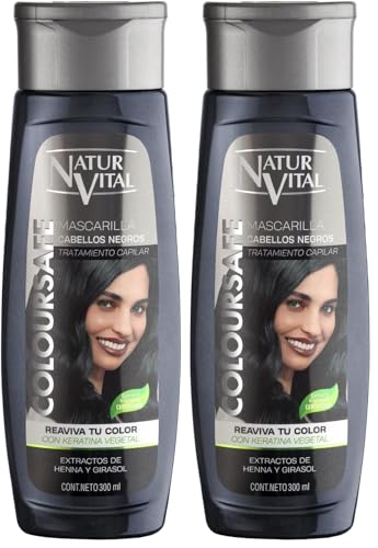 NaturVital - Mascarilla de Pelo ColourSafe, Sin Parabenos ni Siliconas, Coloración para Cabellos Negros, con Keratina Vegetal, Aporta Brillo y Protege el Color, 300 ml (Paquete de 2)
