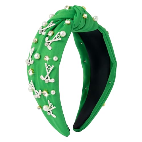 Pantide Golf Jeweled Knotted Headband - Golf Club Ball Pearl Rhinestone Embellished Headband Non Slip Wide Top Knot Costume Hairband Hair Accessories Sport Party Birthday Gift For Women Girls (Green)