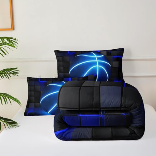 Image of 3Pcs Football Comforter Set Full Size for Teen Boys Girls,Soccer Quilt Set,Blue Black Honeycomb Comforter Set, 3D Geometric Grid Theme Ball Sport Bedding Set