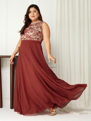 Image of Miss Chase A+ Women's Round Neck Sleeveless Georgette Floral Lace Fit & Flare Maxi Dress