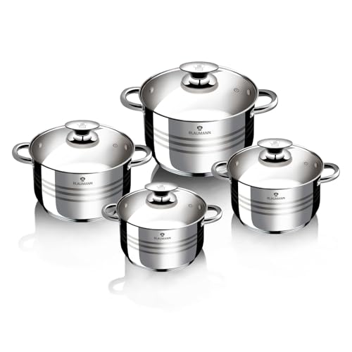 BLAUMANN For Your Home Blaumann - Juego de cacerolas de acero inoxidable de 8 piezas, sartenes antiadherentes de primera calidad con tapas de vidrio, compatible con cocinas de inducción, gas y