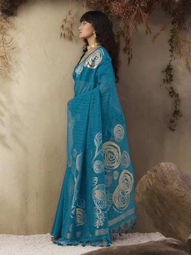 Image of AKHILAM Women's Kanjivaram Pure Silk Floral Printed Saree With Unstitched Blouse Piece