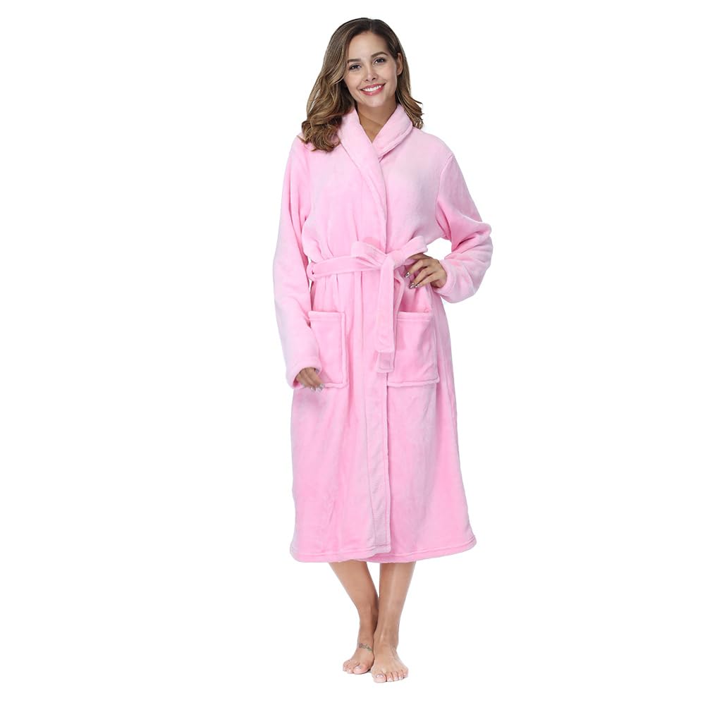 Rongtai Women's Pink Bathrobe Fleece Plush Warm Long Robes (Large,)