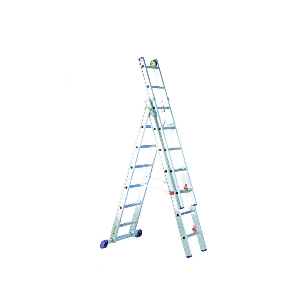 Svelt Scala Professionale in Alluminio 3 Tronchi Serie Deluxe – Posizione Doppia, Zoppa e a Muro – Stabilizzatore Regolabile, Pioli Inclinati, Dispositivo Antiribaltamento – 6+7+7 gradini
