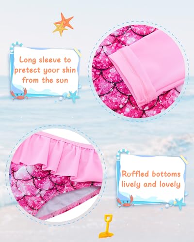 Image of UNIFACO Girls' Long Sleeve Rashguard Two Piece Pink Mermaid Swim Set Ruffles Bottom Designed with UPF 50+ Sun Protection