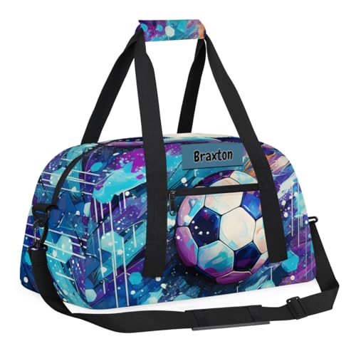 Personalized Boys Sports Soccer Duffel Bag, Custom Sport Gym Bag Large Compartment Cheerleaders Dance Bag Weekender Bags Travel Training Bag for men, Soccer Blue Purple Painted3