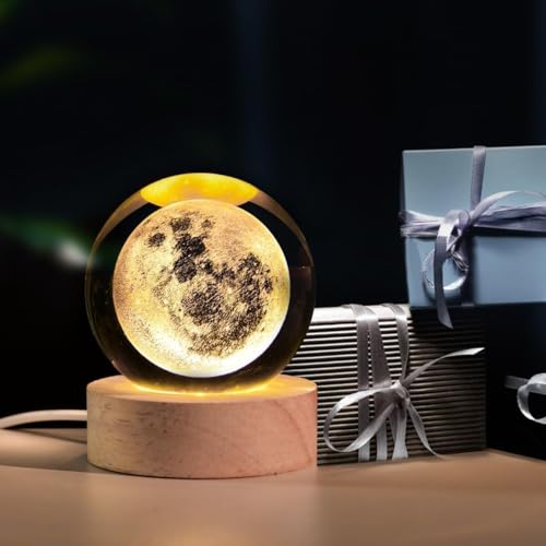 Image of CPENSUS Led Moon Ball 3D Crystal Ball Night Light With USB Wooden Base, Perfect For Home Office Decor And Unique Birthday Gift For Adults Multicolor