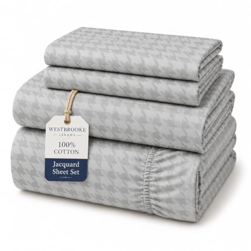 Westbrooke 500 Thread Count Jacquard 100% Long Staple Cotton Queen Sheet Set - Soft & Breathable Sateen Weave, 4 Piece Bedding with Deep Pocket Fitted Sheet, Grey