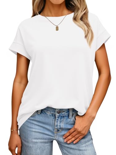Imily Bela Damen T-Shirt Rundhals Kurzarm Shirts Casual Basic Tee Tops mit Flügelärmel Sommer Locker Oberteile(Weiß, S)