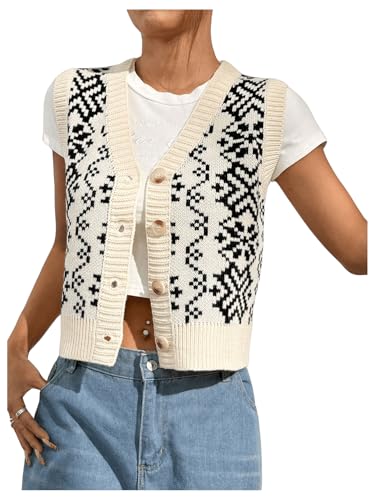 Image of MakeMeChic Women's Geo Print Cable Knit Sweater Vest Button Front Sleeveless V Neck Top Multicolor Medium