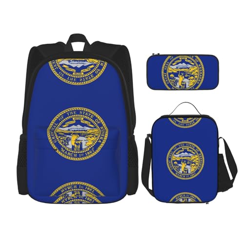 Nebraska Flag Print 3 Piece Set Backpack, Lunch Bag, Pencil Case, Cute Sturdy For College And Travel