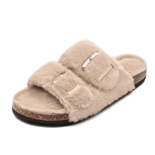 Rainlin Fuzzy Slippers Women Comfort Fluffy Slides Open Toe Indoor House Shoes