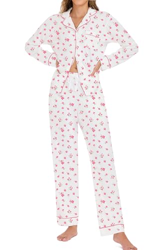 Image of LUBOT 100% Cotton Pajamas for Women Pajama Set 2 Piece PJ Sleepwear Set Soft Ladies Button Knit Long Sleeve Loungewear XS-XXL