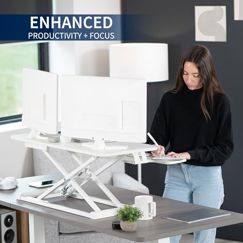 Image of VIVO 36 inch Desk Converter, K Series, Height Adjustable Sit to Stand Riser, Dual Monitor and Laptop Workstation with Wide Keyboard Tray, White, DESK-V036KW