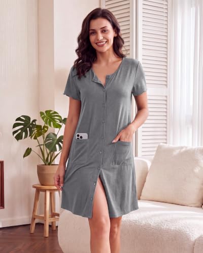 Image of ZOOSIXX Nightgowns for Women - Short Sleeve Sleepwear Button Up Pajamas for Women V-Neck Sleepwear Dress with Pockets