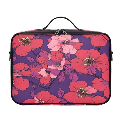 zyrtty Travel Makeup Train Case Purple Flowers Pattern Red Cosmetic Organizer Portable Storage Bag with Adjustable Dividers for Cosmetics Brushes Toiletry Jewelry Digital Accessories