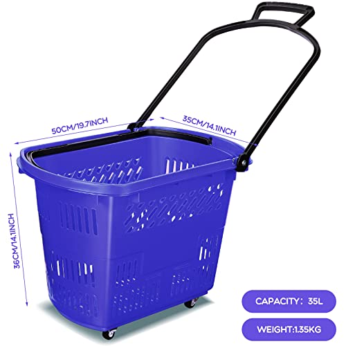 Fairysandy 12 Pcs Grocery Shopping Carts With Handle 35L Shopping Baskets With Wheels Plastic Grocery Rolling Trolley Stackable Retail Baskets For Supermarkets Retail Store Home Laundry Storage (Blue) #TOP3