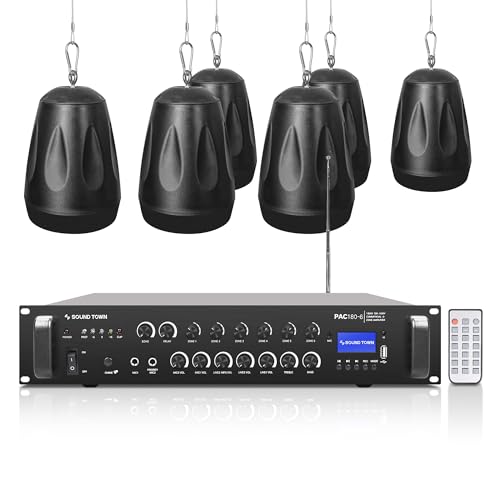 Sound Town Commercial Restaurant Bluetooth Amplifier + Pendant Speaker Set, with One 6-Zone 70V/100V Amplifier with Bluetooth, 6 x All-Weather 4-Inch Pendant Speakers, Black (PAC180X6PD4B)